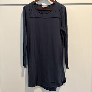 Don't Ask Why Tunic Top Medium Navy Distressed Long Sleeve Grunge Asymmetric Hem